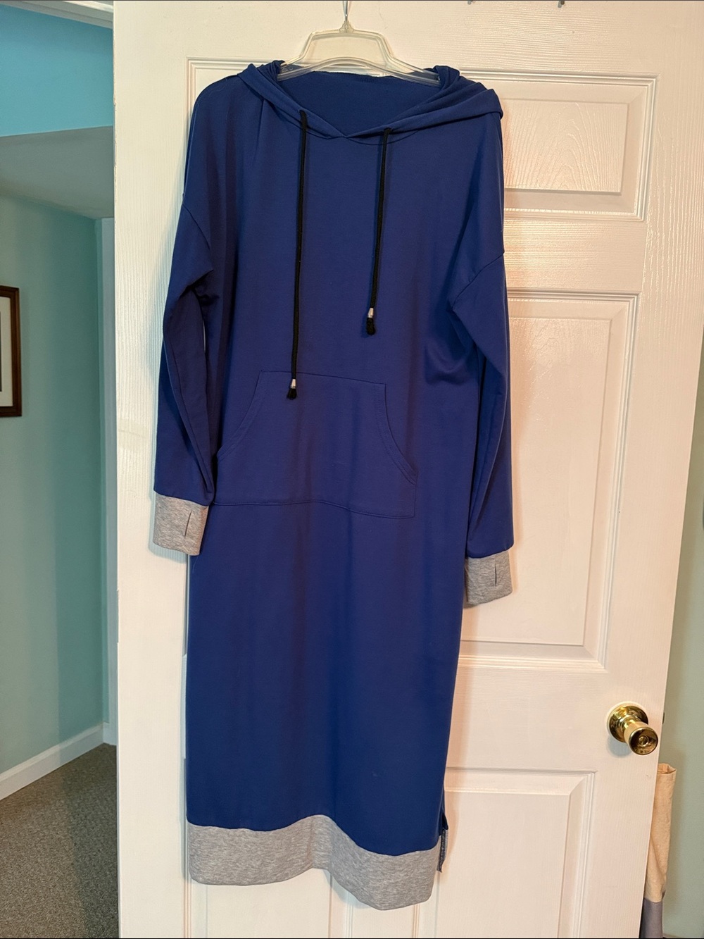 Women’s Hooded Long Sweatshirt Dress in Blue with Contrast Trim